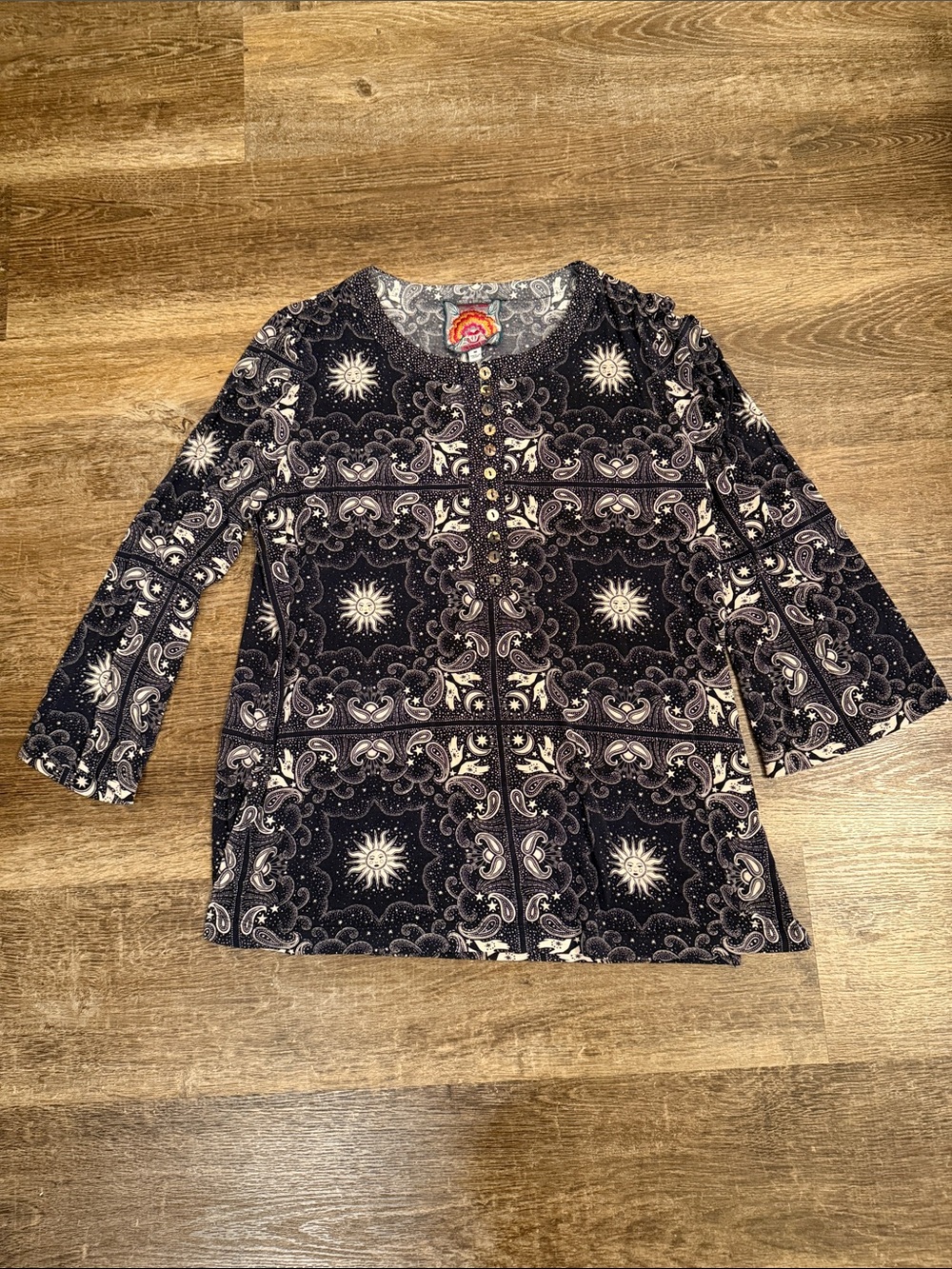 Johnny Was Black and Cream Paisley-Print Long Sleeve Button Tee
